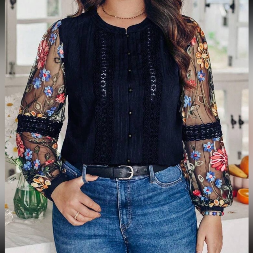 Boho Sheer Mesh Floral Embroidered Button Down Up Shirt Top Blouse Navy Blue - Picture 5 of 8